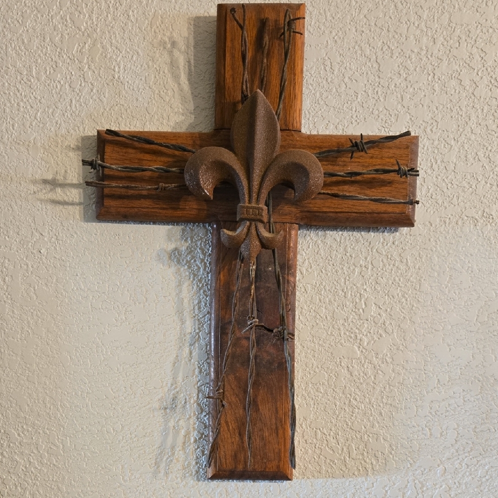 Wooden Cross with Fleur-de-Lis and Barbed Wire